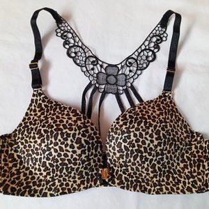 Leopard Print and Lace T Back Push Up Bra 34C